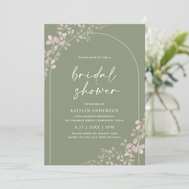 Convites Chuveiro Nupcial Arco Boho Folhagem Verde Salvia (Em pé/Frente)