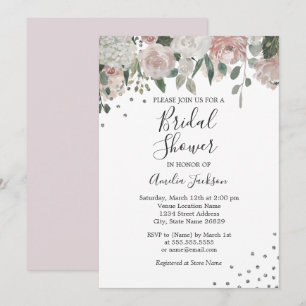 Convites Chuveiro Nupcial Floral com Aquarela Prata e Rubor
