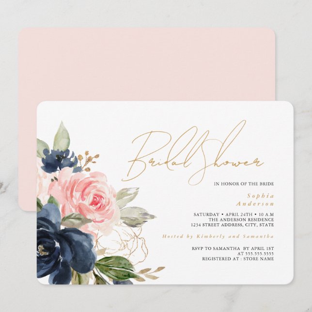 Convites Chuveiro Nupcial Rosa Dourado Floral Navy (Frente/Verso)