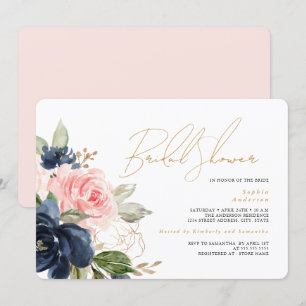 Convites Chuveiro Nupcial Rosa Dourado Floral Navy