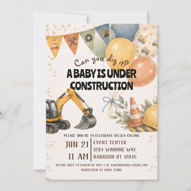Convites Chuvoso Baby Shower em Construção (Frente)