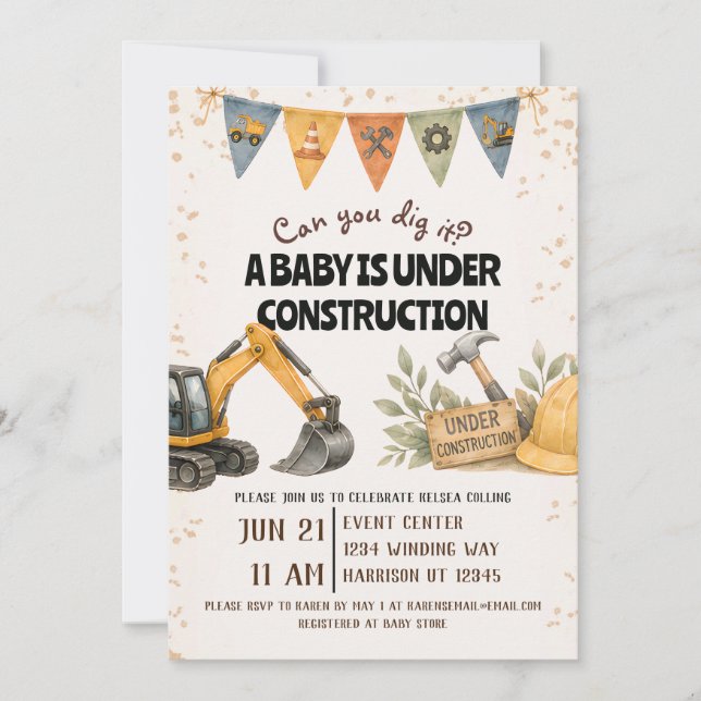 Convites Chuvoso Baby Shower em Construção (Frente)