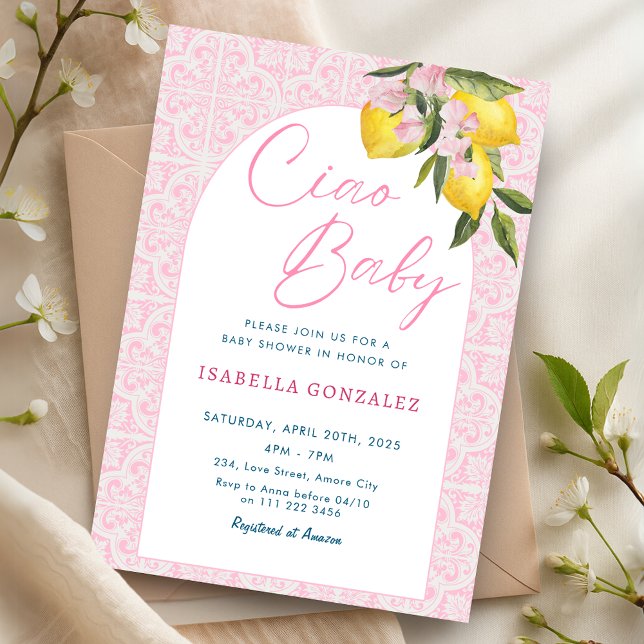 Convites Ciao Baby Bambina Amalfi Chá de fraldas Italiano (Ciao Baby Bambina Amalfi Italian Baby Shower Invitation)