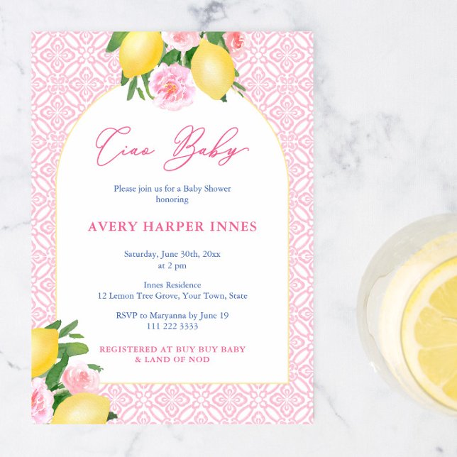 Convites Ciao Baby Italiana Inspirou Limões Chá de fraldas  (Ciao Baby Girl! Italian inspired Pink tiles, lemons & florals baby shower party invitation design)