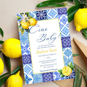 Convites Ciao Baby Lemon Blue Azulejos Itália Chá de fralda