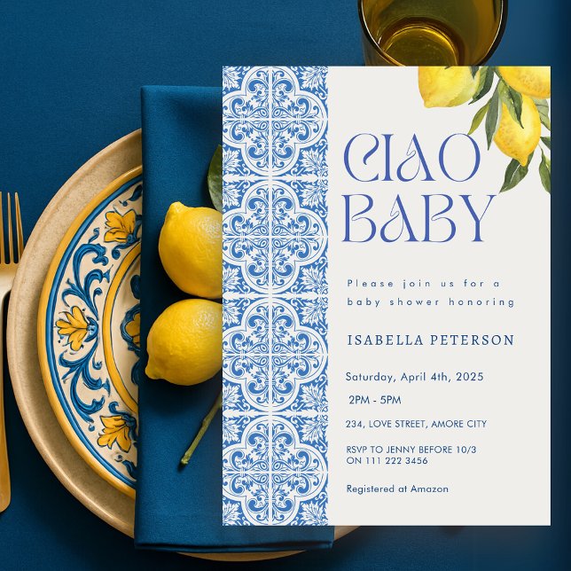 Convites Ciao Baby Lemon Chá de fraldas mediterrânico itali (Ciao Baby Lemon Italian Mediterranean Baby Shower Invitation)