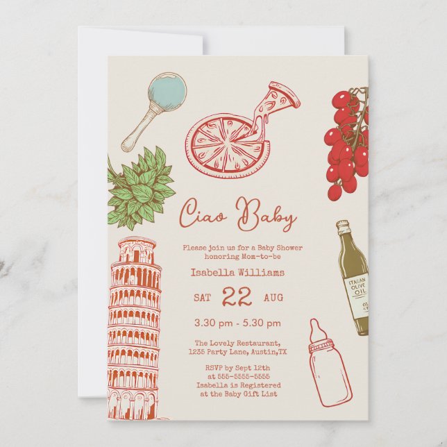 Convites Ciao Baby Line Art Pizza All In One Baby Shower (Frente)