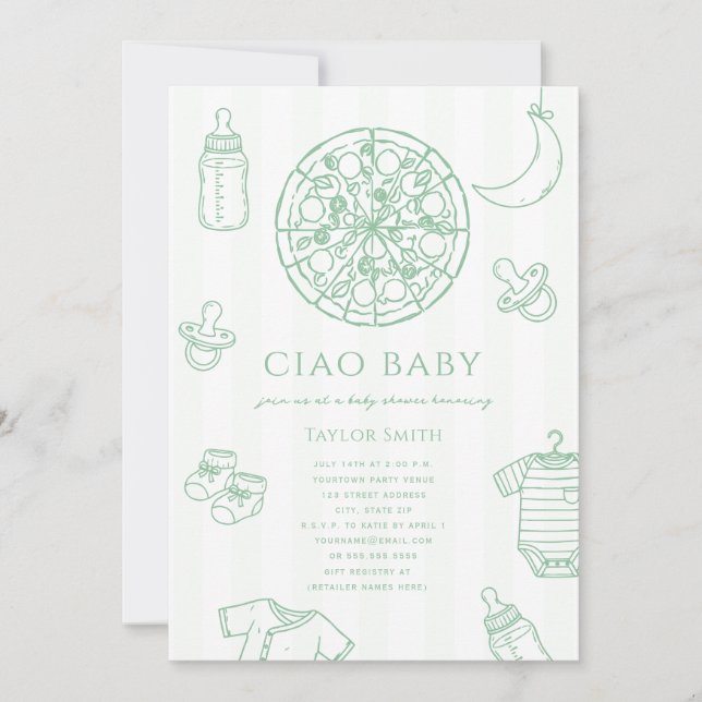 Convites Ciao Baby Pizza Verde Neutro Chás de Bebê  (Frente)