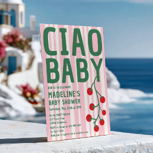 Convites Ciao Baby Shower Italiano Listra Rosa Verde Retrô
