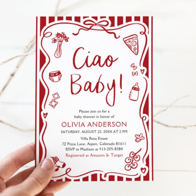Convites Ciao Baby Whimsic Italiane Pizza Chá de fraldas (Watercolor Ciao Baby Whimsical Italian Pizza Cute Baby Shower Invitation)