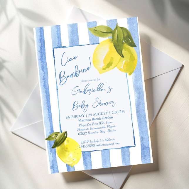 Convites Ciao Bambino Blue stripes limons chá de fraldas (Ciao Bambino handrawn blue stripes lemons Italian baby shower Invitation cards template)