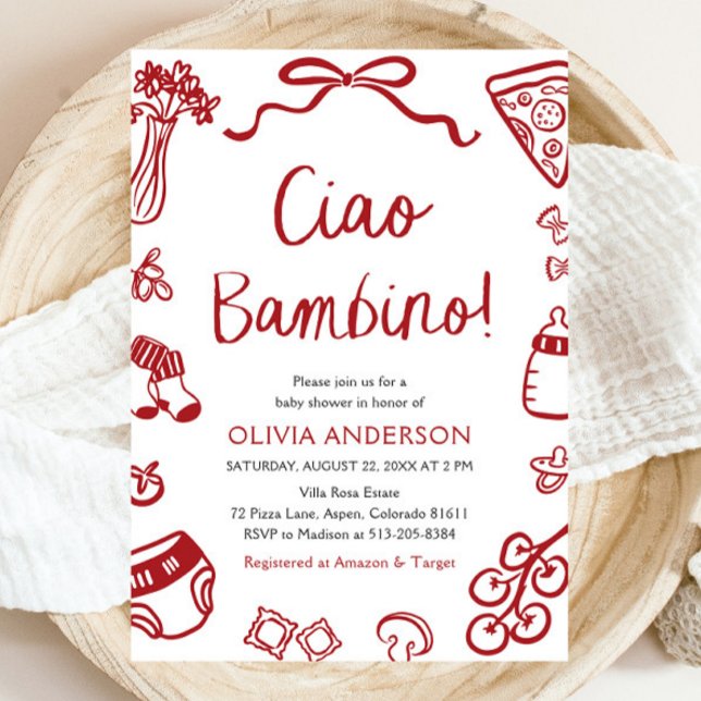 Convites Ciao Bambino Whimsical Italiana Pizza Chá de frald (Watercolor Ciao Bambino Whimsical Italian Pizza Baby Shower Invitation)