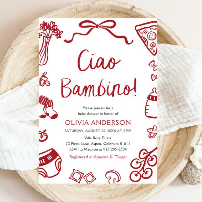 Convites Ciao Bambino Whimsical Italiana Pizza Chá de frald (Watercolor Ciao Bambino Whimsical Italian Pizza Baby Shower Invitation)
