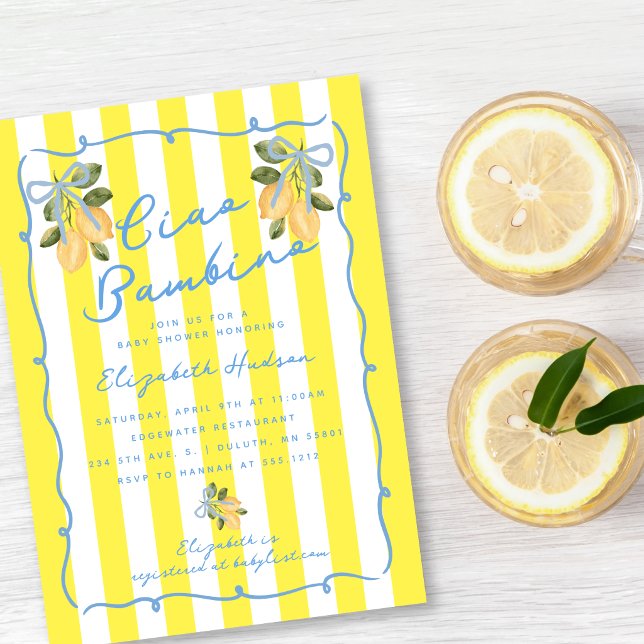 Convites Ciao Bambino Yellow Stripe Blue Lemon Baby Shower (Ciao Bambino Yellow Stripe Blue Lemon Baby Shower Invitation)
