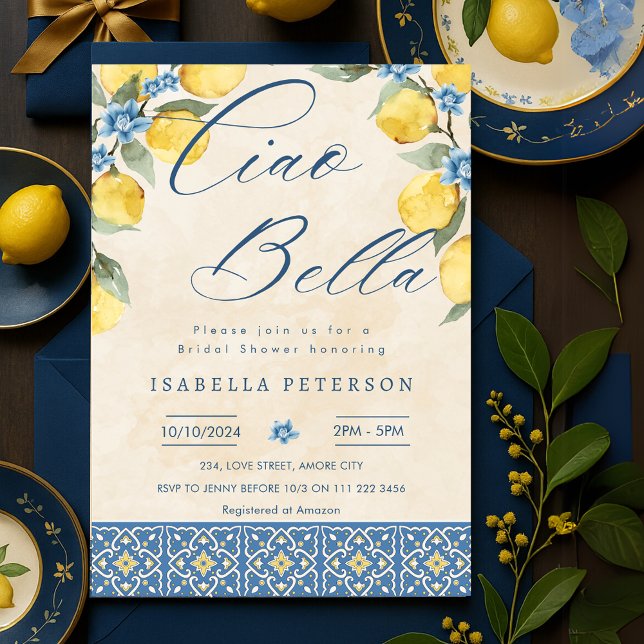 Convites Ciao Bella Azulejo Azul Italiano Chá de panela (Ciao Bella Italian Blue Tiles Bridal Shower Invitation)