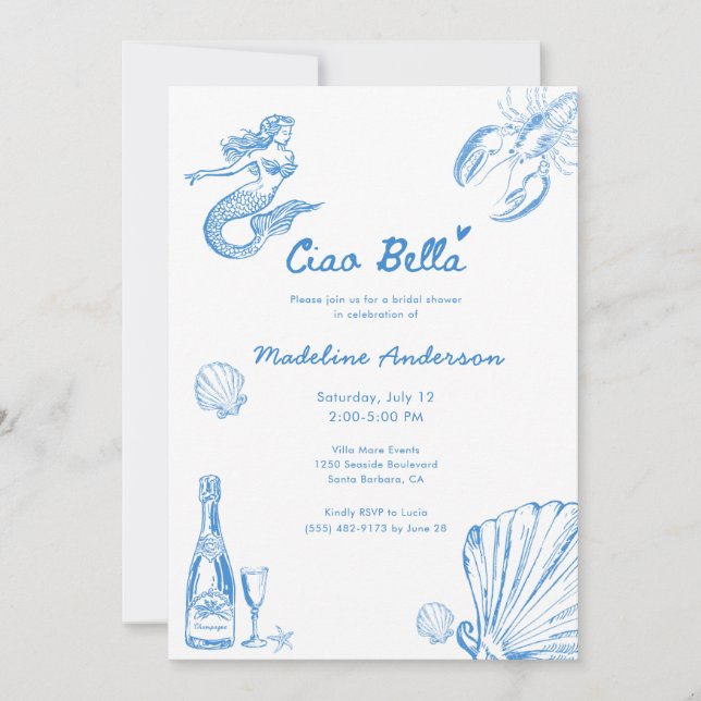 Convites Ciao Bella Blue Toile Coastal Bridal Shower (Frente)