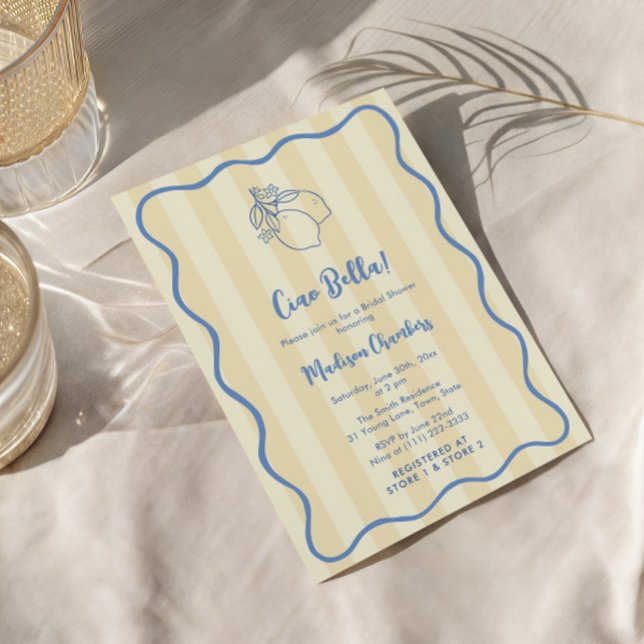 Convites Ciao Bella Chá de panela Amarelo manuscrito (Ciao to Miss yellow and blue boho wavy border italian theme bridal shower invitation cards)