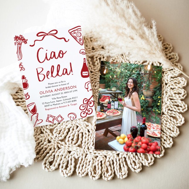 Convites Ciao Bella Chá de panela de Pizza Italiana Desenha (Red Italian Ciao Bella Whimsical Hand Drawn Pizza Pasta Wine Bridal Shower Invitation)