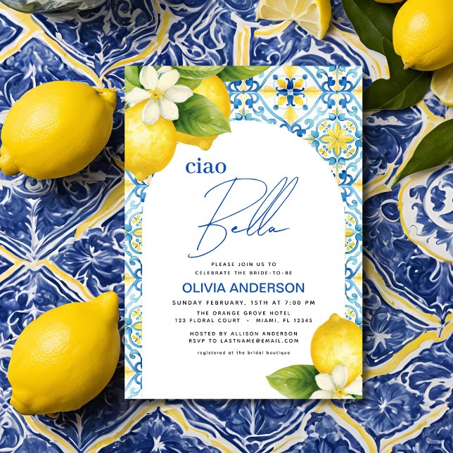 Convites Ciao Bella Italiana Lemon Blue Azulejo Chá de pane (Criador carregado)