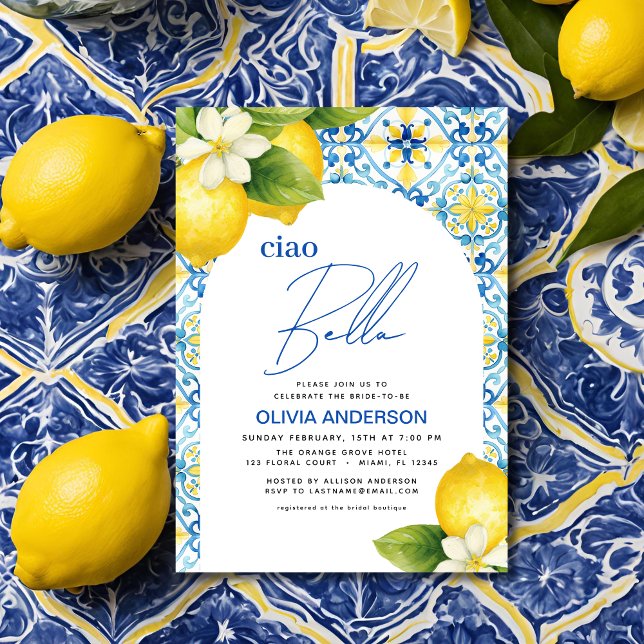 Convites Ciao Bella Italiana Lemon Blue Azulejo Chá de pane (Criador carregado)