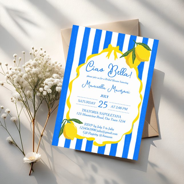 Convites Ciao bella listras azuis limões chá de noiva (Ciao bella blue stripes wavy border lemons quirky Italian bridal shower invitation template)