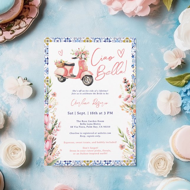 Convites Ciao Bella Patinete italiano Chá de panela floral (Ciao Bella Italian Scooter Floral Bridal Shower Invitation)