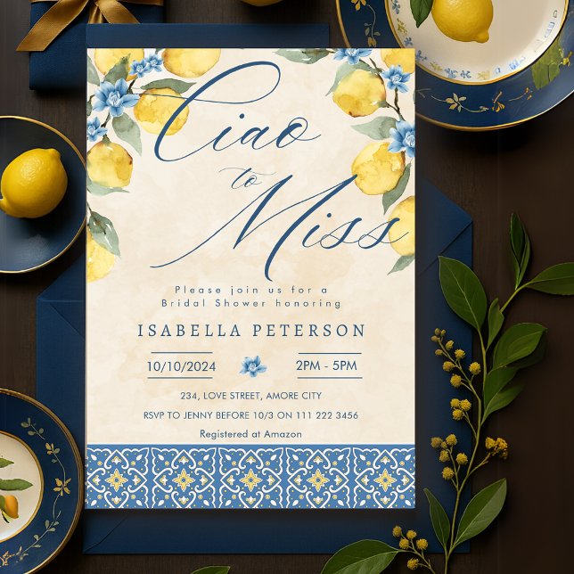 Convites Ciao para Miss Chá de panela Azul Italiano (Ciao to Miss Italian Blue Tiles Bridal Shower Invitation)