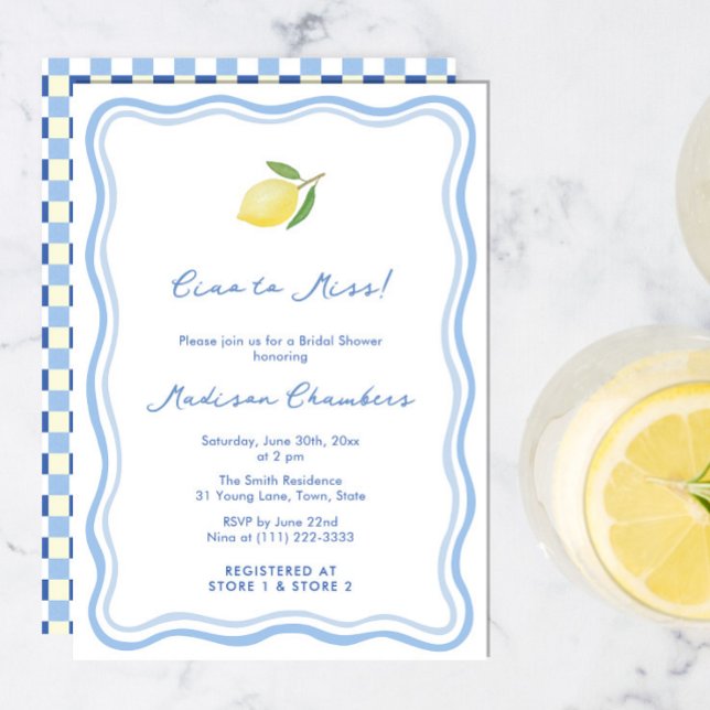 Convites Ciao Para Miss Dolce Vita Chá de panela Amarelo Az (Ciao to Miss Dolce Vita Italian citrus lemon bridal shower invitation in blue and white)