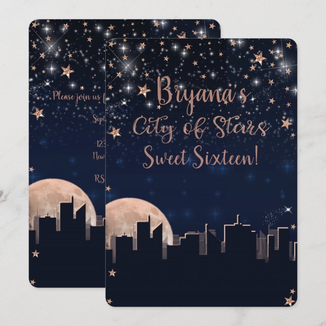 Convites Cidade de Estrelas Dourado Rosa Estrelas Azul Céu  (Frente/Verso)