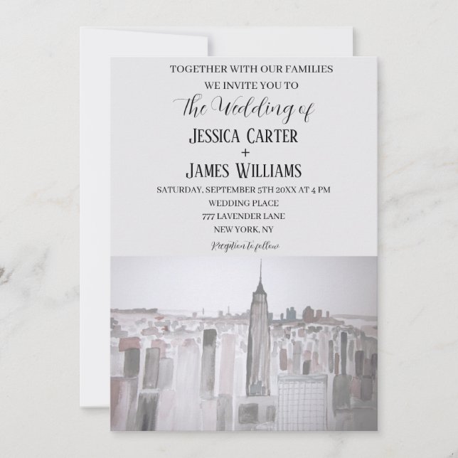 Convites Cidade de Nova York Destino Chic Casamento Aquarel (Frente)