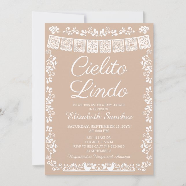 Convites Cielito Lindo Beige Papel Picado Baby Shower (Frente)