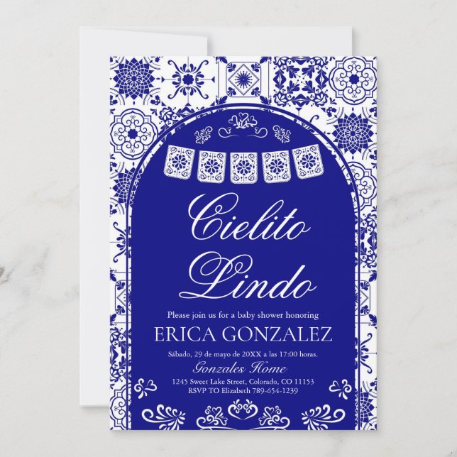 Convites Cielito Lindo Papel Picado Boy Baby Shower Navy (Frente)