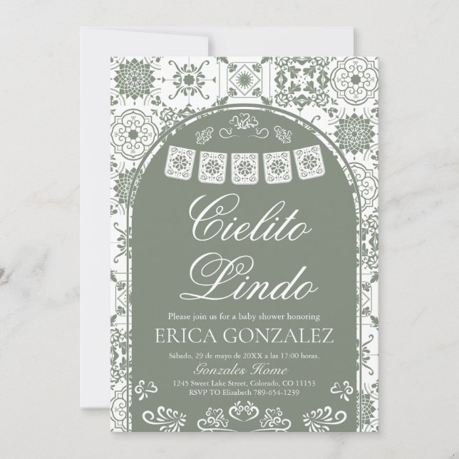 Convites Cielito Lindo Papel Picado Chá de Bebê Verde Oliva (Frente)