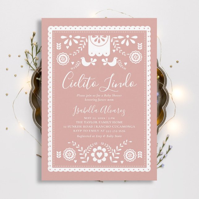 Convites Cielito Lindo Pink Papel Picado Baby Shower (cielito lindo baby shower invitation mexican papel picado pink rancho fiesta elegant classy)