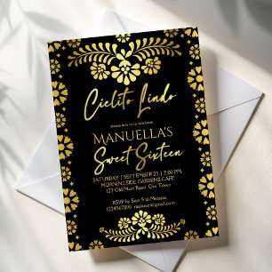 Convites Cielito lindo preto dourado festa de 16 anos mexic