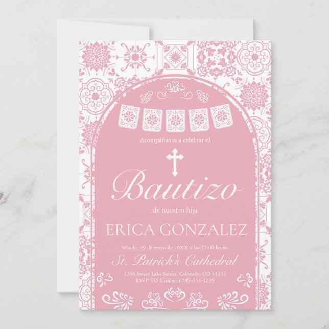 Convites Cielito Lindo Rosa Corado Bautizo Talavera (Frente)