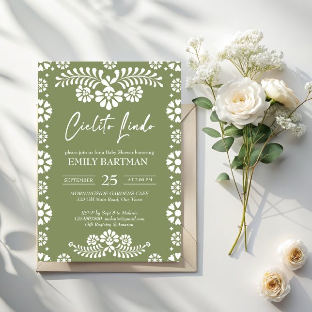 Convites Cielito lindo sábio verde chá de fraldas mexicano (Cielito lindo sage green Mexican fiesta papel picado baby shower Invitation template)