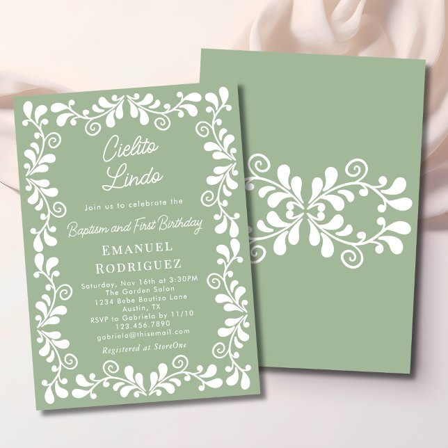 Convites Cielito Lindo Sage Green Baptism & First Birthday (Criador carregado)