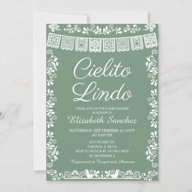 Convites Cielito Lindo Sage Green Papel Picado Baby Shower (Frente)