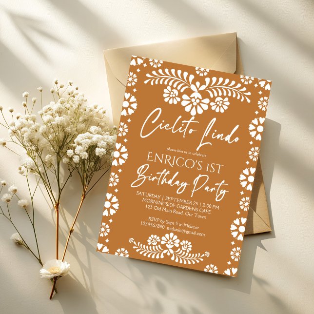 Convites Cielito lindo terracotta festa de aniversário mexi (Cielito lindo terracotta Mexican fiesta papel picado birthday party Invitation template)