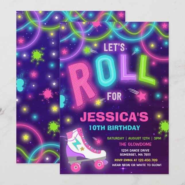 Convites Cilindro - Convocação para a patinagem Neon Glow (Frente/Verso)