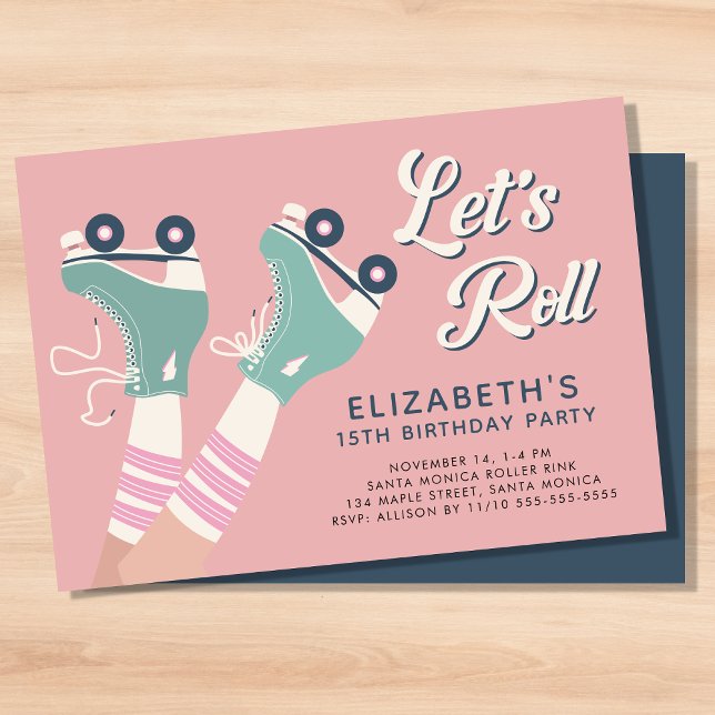 Convites Cilindro Retro Festa de aniversário Rosa de Rastre (A cool roller skating birthday party invitation with a retro vibe)