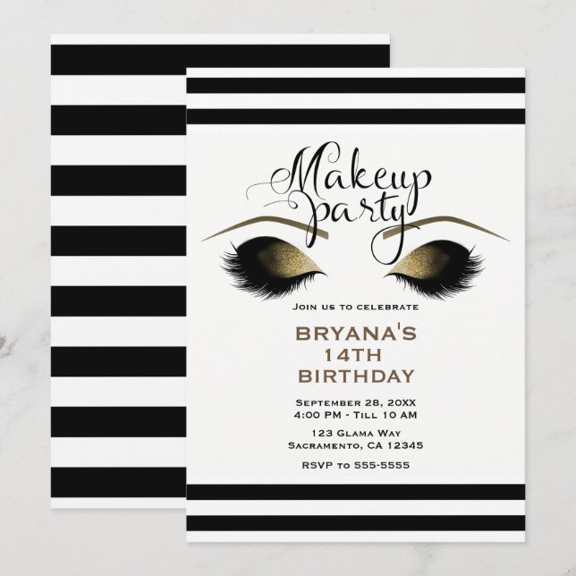 Convites Cílios de Maquiagem Glam Gold Personalizados Festa (Frente/Verso)