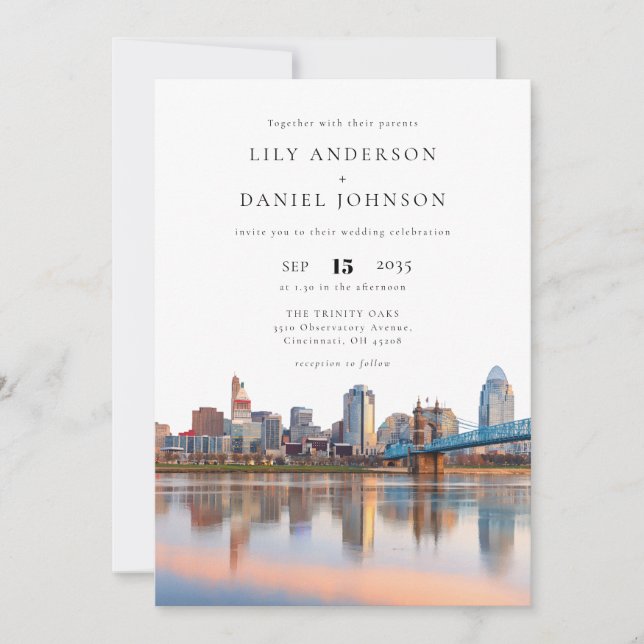 Convites Cincinnati Skyline Watercolor QR Code Wedding (Frente)