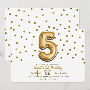 Convites CINCO 5 5º Balão Dourado & Confetes Festa de Anive