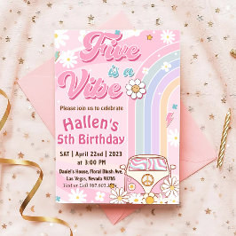 Convites Cinco a Vibe Groovy Retro Rainbow 5 Aniversário