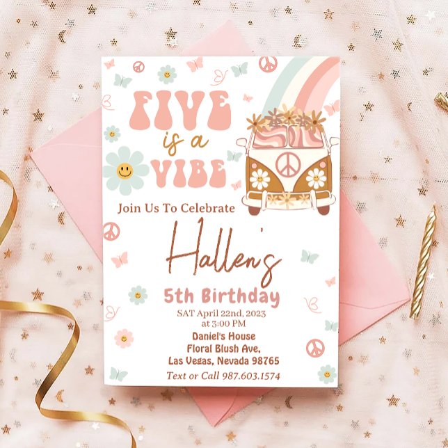 Convites Cinco a Vibe Groovy Retro Rainbow 5 Aniversário (Criador carregado)