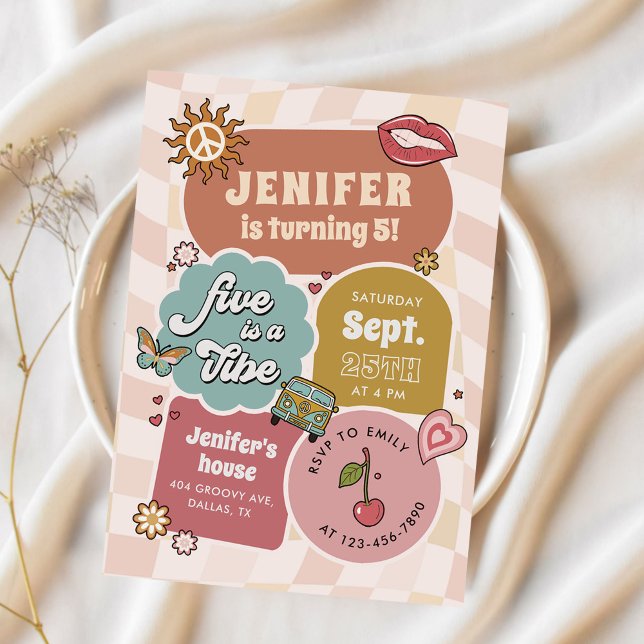 Convites Cinco É Um Aniversário De 5 Retro-Daisy Retro-Groo (Criador carregado)