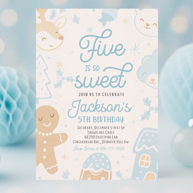Convites Cinco É Um Par De Aniversário De Biscoito De Natal (Five Is So Sweet boy Christmas cookie birthday party with festive holiday décor, colorful cookies, a)