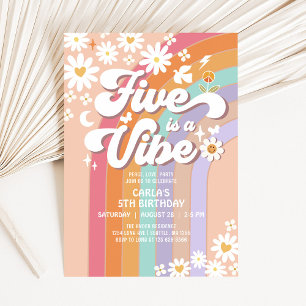 Convites Cinco é um Vibe Daisy Arco-íris Groovy Aniversário